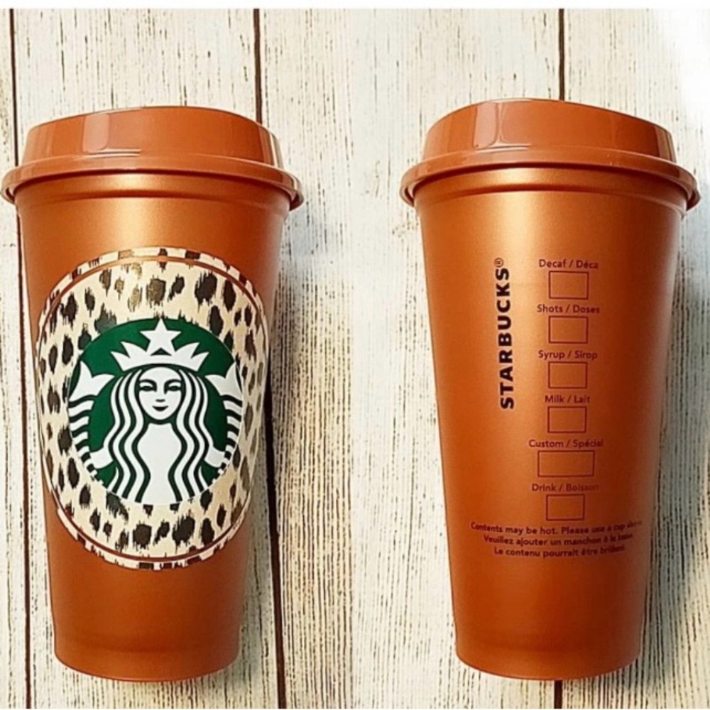 Starbucks Orange Tumbler with Leopard Pattern